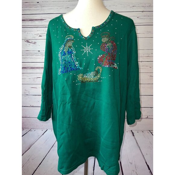NWOT‎ Quacker Factory Nativity Shirt Plus Size 1X Rhinestones Ugly Christmas top - Picture 10 of 10